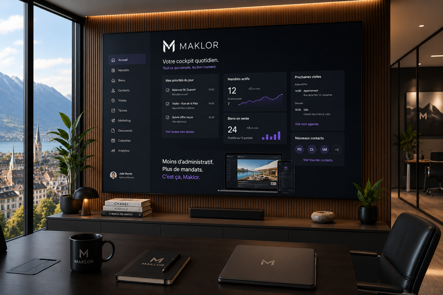 A Maklor workspace overlooking Lake Geneva